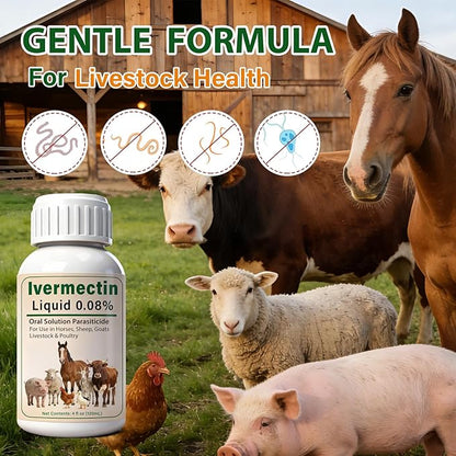 Ivermectin Liquid for Horse, Sheep, Poultry & More, All-Worm Formula for Tapeworms, Roundworms & Hookworms,120mL