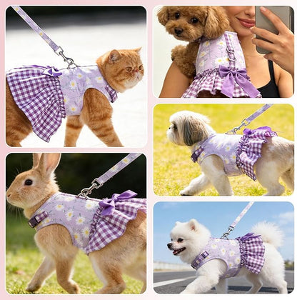 EXPAWLORER Dog Harness Small Medium Sized Dogs, Daisy Dog Dress Bowknot Harness and Leash Set, No Choke No Pull Soft Mesh Vest Cute Princess Puppy Outfits Clothes Costume for Girls Party Cats Purple S