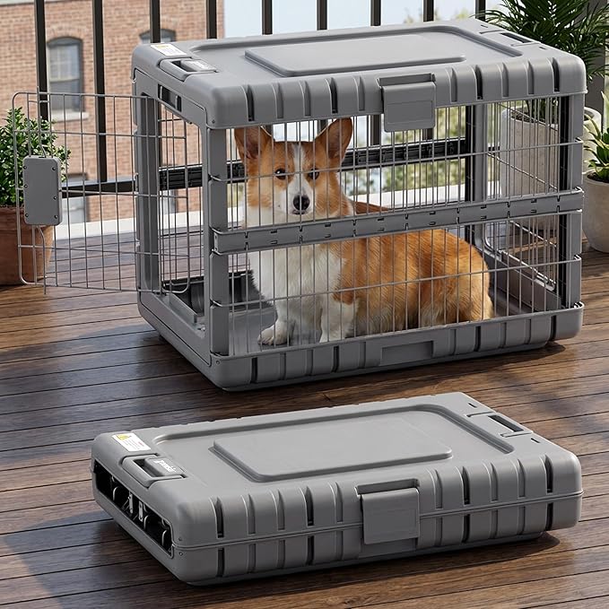 ZOMISIA Collapsible Dog Crate for Dogs - 28" L Heavy Duty Dog Kennel No Tools Required with 4 Sides Steel Foldable Cage for Dogs Indoor Furniture, Portable Carrier with 2 Smooth Wheels, Gunmetal