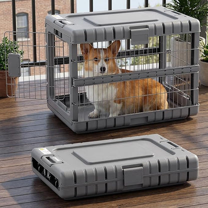 ZOMISIA Collapsible Dog Crate for Dogs - 28" L Heavy Duty Dog Kennel No Tools Required with 4 Sides Steel Foldable Cage for Dogs Indoor Furniture, Portable Carrier with 2 Smooth Wheels, Gunmetal