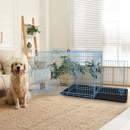 Dog Crate, 24/30/36/42/48 Inch Dog Crates for Small Medium Large Dogs Indoor, Folding Metal Dog Kennel Dog Cage with Double-Door, Divider Panel, Removable Tray, Locks and Handle, (48 Inch, Blue)