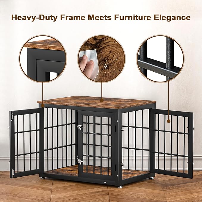 rehomerance 32 Inch Heavy Duty Dog Crate Furniture for Medium and Small Dogs, Decorative Pet House End Table, Wooden Cage Kennel Furniture Indoor, Rustic Brown