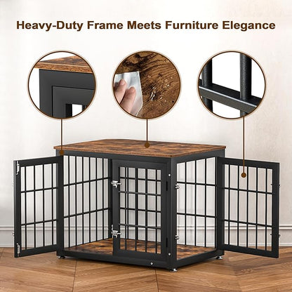 rehomerance 32 Inch Heavy Duty Dog Crate Furniture for Medium and Small Dogs, Decorative Pet House End Table, Wooden Cage Kennel Furniture Indoor, Rustic Brown
