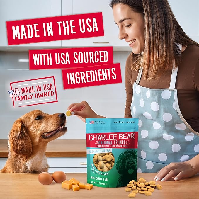 Charlee Bear Original Crunch Dog Treats, Cheese and Egg, 16 Ounce Resealable Bag, Low Calorie Training Treats for Dogs, Limited Ingredient, Healthy, Crunchy Dog Snacks, Made in USA