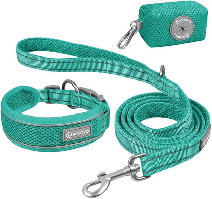 Reflective Dog Collar Leash Set, Adjustable Soft Dog Collar Leash with Poop Bag Holder Dispenser for Small Medium Large Dogs, Multiple Color Available, Teal, Large