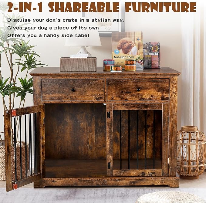 LEMBERI 44 Inch Large Dog Crate Furniture, Wooden Dog Kennel End Table with Storage Drawers, Decorative Pet Cage Dog House Indoor for Dogs, Brown