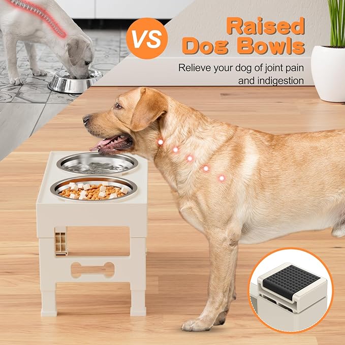 LAKIPETN Elevated Dog Bowls with Mat, Raised Dog Food Bowl Stand with 2 Stainless Steel Bowls, 5 Height Adjustable (3.1", 9", 10", 11", 12") Non-Slip Feeder Set for Medium and Large Dogs – Apricot