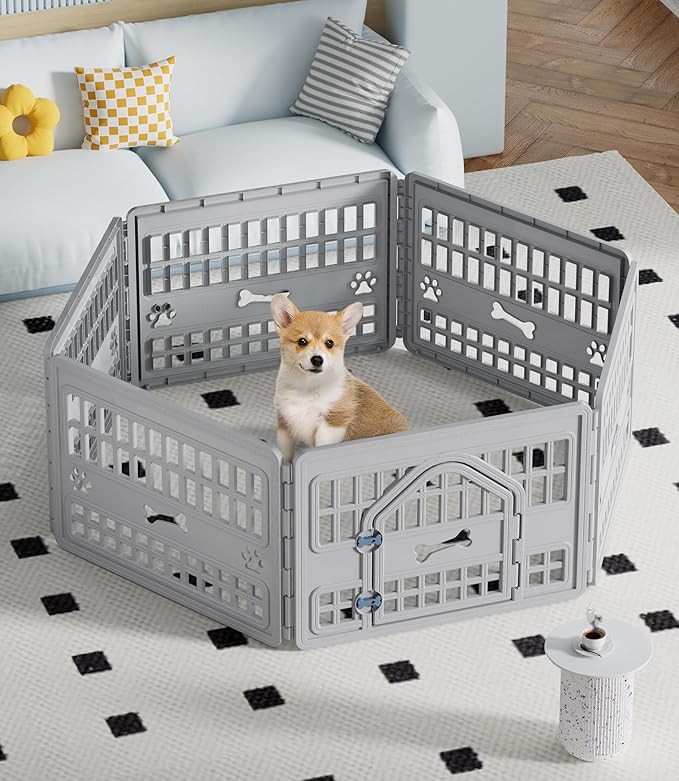 6-Panel Dog Pen Indoor Resin Dog Crate Easy Assemble, Fold It Down, for Dogs Indoor Small, Portable Dog House for Puppies