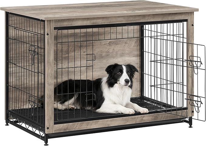 Feandrea 38.6" Dog Crate Furniture, Indoor Dog Cage Side End Table, XL Pet Wood Kennel for Large and Medium Dogs up to 70 lb with Multi-Purpose Removable Tray, Double-Door Pet House, Greige