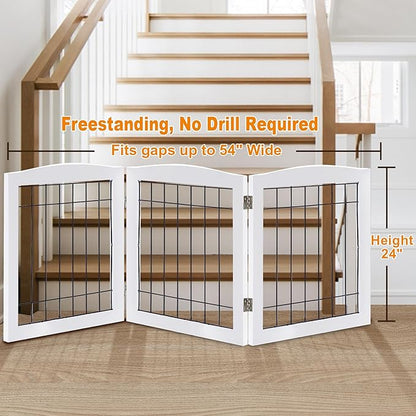 LZRS 3-Panel Freestanding Foldable Wooden Dog Gate –Solid Wood & Steel Wire Chew-Resistant Indoor Safety Pet Fence for Doorways & Stairs, Ideal for Small to Medium Dogs & Puppies, White
