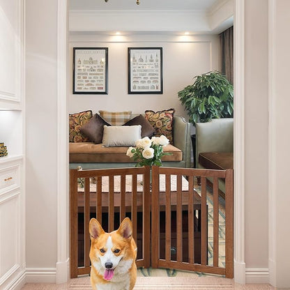 LZRS 2-Panel Wooden Free Standing Foldable Dog Gate Indoor – Solid Hardwood 24" High, Step-Over Safety Pet Gate for Doorways, Stairs & Small Spaces - Indoor Use, Oak