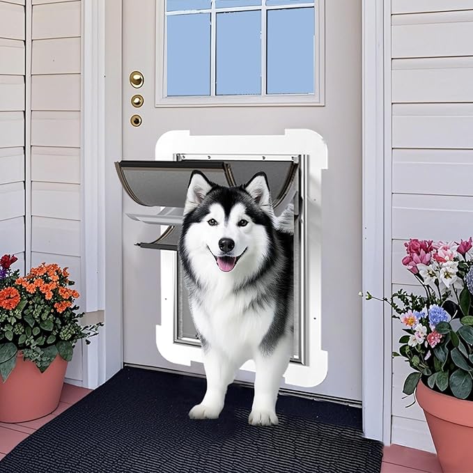 3-Flap Never Rust Extra Large Dog Door for Doors with Sliding Lock Panel, Steel Frame and Telescoping Tunnel, Extreme Weather Durable Doggy Door （Pets Up to 220 Lb）