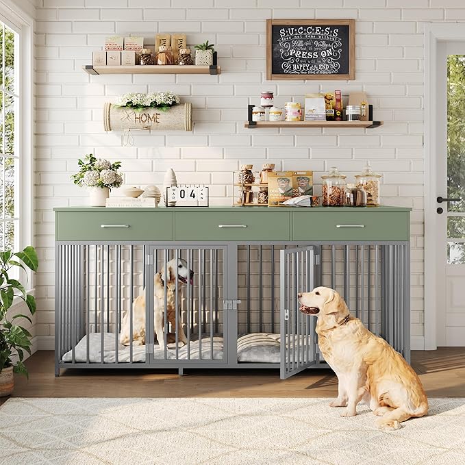HOSTACK Double Dog Crates Furniture, 71" Wide Indoor Dog Kennel with 3 Drawers, Farmhouse Dog Cage for 2 Large/Medium Dogs, Heavy Duty Dog Crate with Removable Room Divider, Wooden Pet House, Green