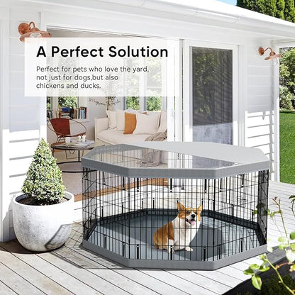 PJYuCien Dog Playpen with Top Cover and Bottom Pad - Metal Foldable Exercise Pen, 8 Panels 30" H x 24" W Indoor Outdoor Pet Fence Puppy Crate Kennel, Gray