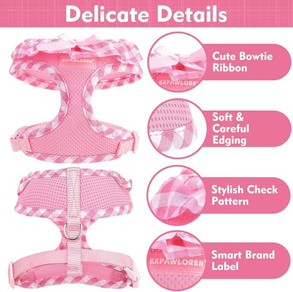 EXPAWLORER Cute Dog Harness Collar Leash Set - Pink Girl Dog Harness Checkered Step-in Design, Detachable Bow Pet Collar, Adjustable No-Choke Lightweight Mesh Vest for Cats Puppy Small Dogs, S