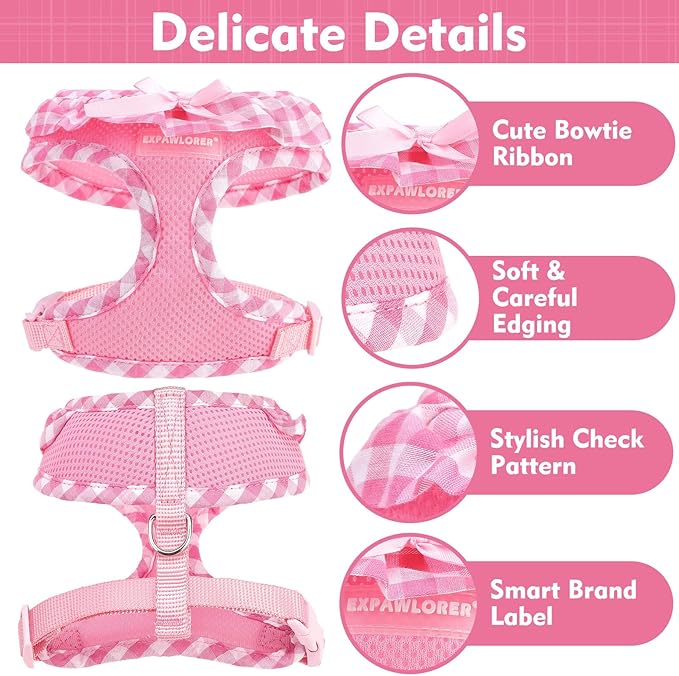 EXPAWLORER Cute Dog Harness Collar Leash Set - Pink Girl Dog Harness Checkered Step-in Design, Detachable Bow Pet Collar, Adjustable No-Choke Lightweight Mesh Vest for Cats Puppy Small Dogs, XS