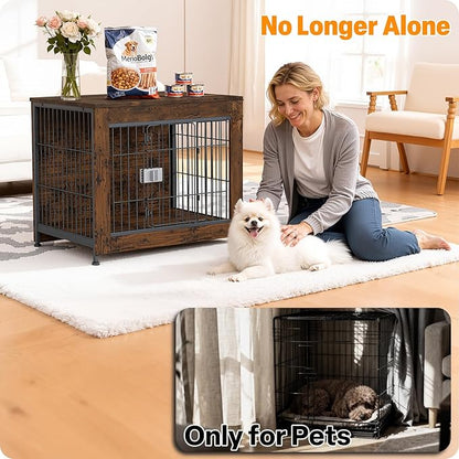 Furniture Style Dog Crate, 27" Wooden Dog Kennel End Table with Solid Top, Indoor Pet Crate House with Secure Slide Lock, Modern Dog Cage Furniture for Small & Medium Dogs