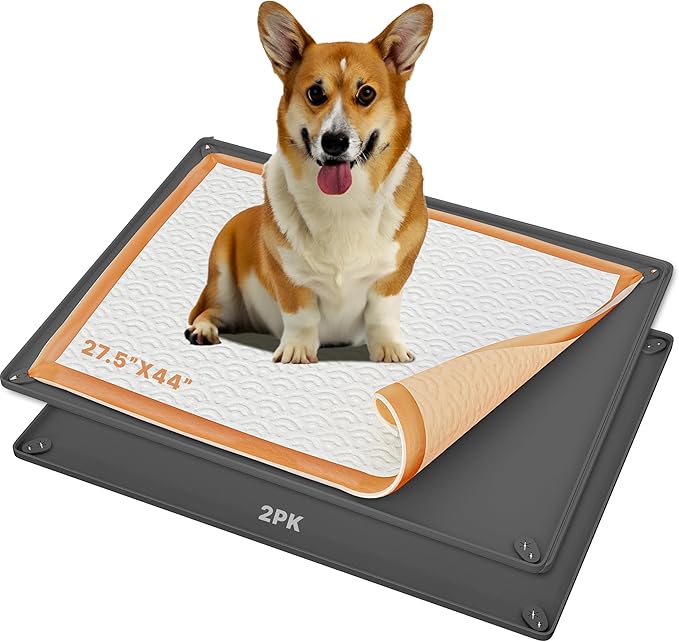 TidyFriend 2 Pk Dog Pee Pad Holder Tray Fits for 27.5” x 44” Pee Pads with Corner Lock Holes, Raised Edges, Non-Spill, Easy to Clean Silicone Dog Potty Tray Holder, for Indoor Floor Protection (Grey)