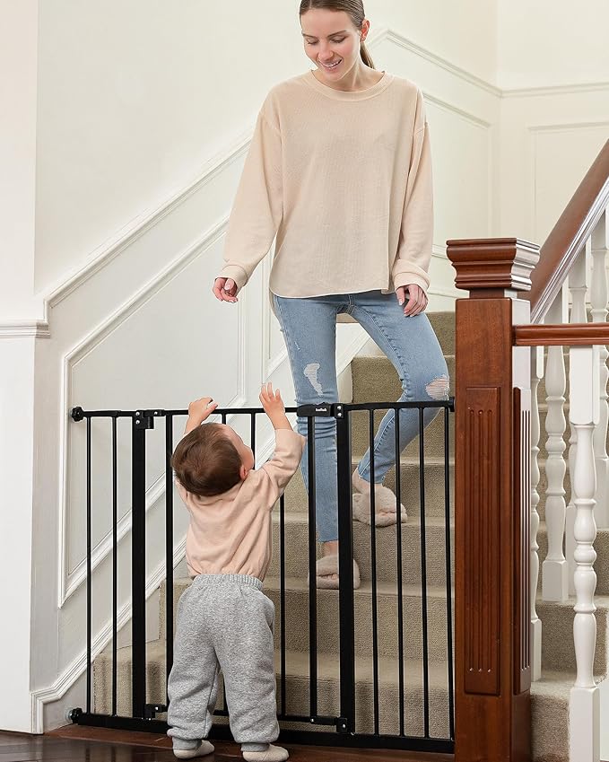InnoTruth 28.9-42.1" Wide Baby Gate for Stairs, 30" Tall Dog Gates for Doorways Expandable One-Hand Open, Easy Walk Through Dual Lock Metal Pet Gates for Dogs, Black-Family & Mom's Choice Award Winner