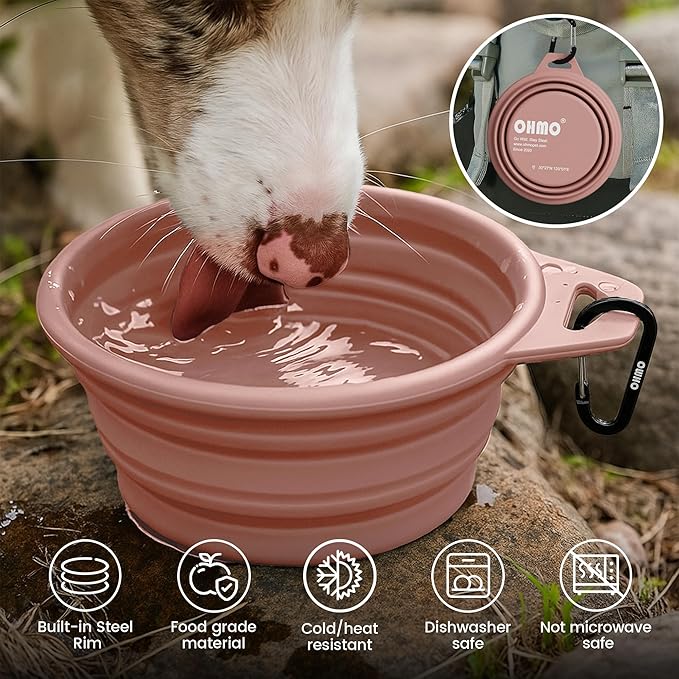 OHMO Collapsible Dog Water Bowls w/Built-in Stainless Steel Ring – 2pcs Large 27oz/800ml Portable Silicone Pet Feeding Bowl for Hiking, Camping, Travel
