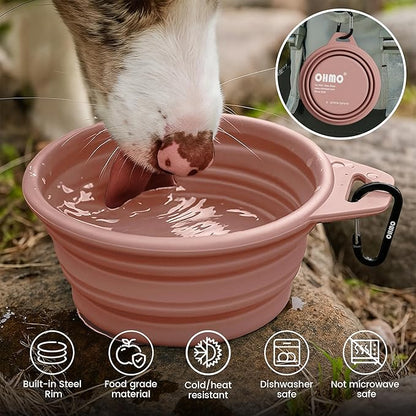 OHMO Collapsible Dog Water Bowls w/Built-in Stainless Steel Ring – 2pcs Large 27oz/800ml Portable Silicone Pet Feeding Bowl for Hiking, Camping, Travel
