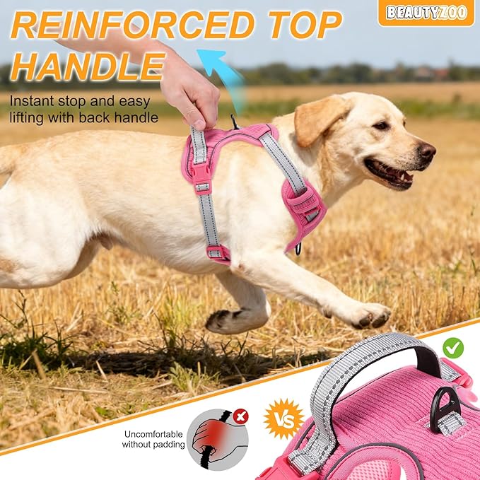 BEAUTYZOO No Pull Dog Harness Large, Adjustable Dog Harness and Leash Set -Easy Wearing with 3 Buckles/Control Handle,No Choke Soft Padded Reflective Pet Vest for Training Walking Hiking,Rose XL