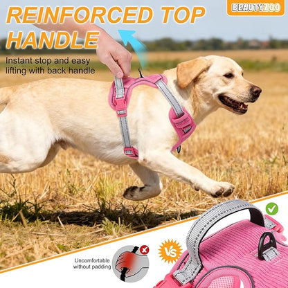 BEAUTYZOO No Pull Dog Harness Large, Adjustable Dog Harness and Leash Set -Easy Wearing with 3 Buckles/Control Handle,No Choke Soft Padded Reflective Pet Vest for Training Walking Hiking,Rose XL