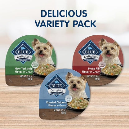 Blue Buffalo Delights Natural Adult Small Breed Wet Dog Food Cups, in Gravy, Chicken, Prime Rib and NY Strip 3.5-oz (24 Pack- 8 of Each Flavor)