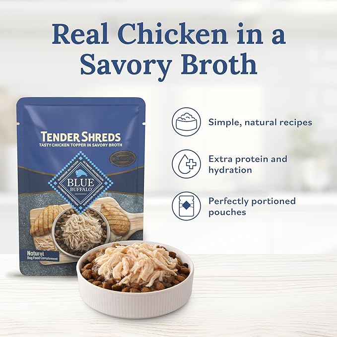 Blue Buffalo Tender Shreds Tasty Chicken Toppers in Savory Broth, Natural Dog Food Complement, Chicken, 2.5-oz. Pouch, 24-Count