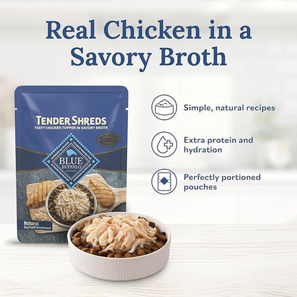 Blue Buffalo Tender Shreds Tasty Chicken Toppers in Savory Broth, Natural Dog Food Complement, Chicken, 2.5-oz. Pouch, 24-Count
