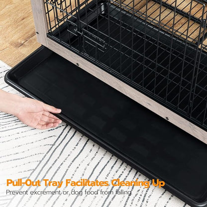 HOOBRO Dog Crate Furniture, 38.6" Large Dog Kennel Indoor, Wooden Cage with Pull-Out Tray, Double Doors Pet House Side End Table for Large/Medium/Small Dogs, Greige BG982GW03