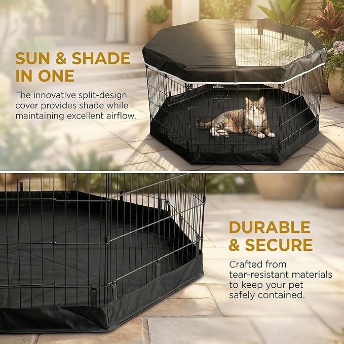 PJYuCien Dog Playpen with Top Cover and Bottom Pad - Metal Foldable Exercise Pen, 8 Panels 24" H x 24" W Indoor Outdoor Pet Fence Puppy Crate Kennel, Black