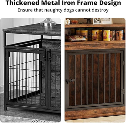 IRONCK 44" Corner Dog Crate with 2-Tier Shelves, Wooden Dog Kennel Furniture, Dog Kennel Indoor Furniture for Small and Medium Dogs, Rustic Brown (23.6" L x 43.3" W x 32.3" H)