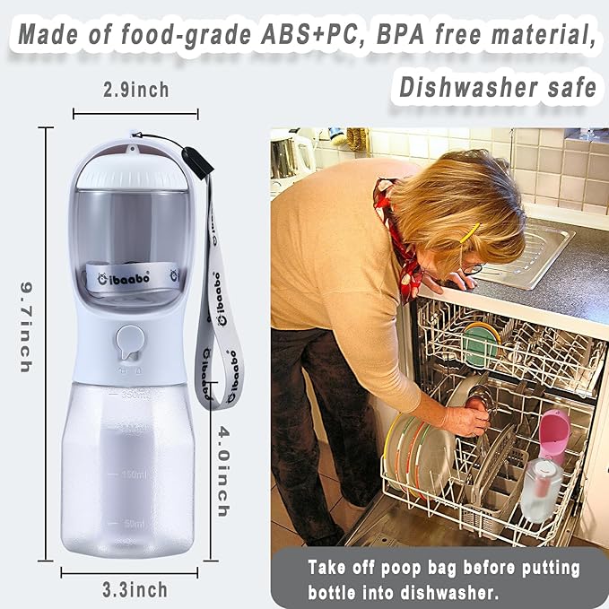 Cibaabo Dog Water Bottle with Food Container & Poop Bag Holder, Travel Water Bowl, Portable Pet Dispenser, Dog Gifts Stuff Accessories Items, Puppy Essentials for Yorkie Chihuahua Walking Hiking