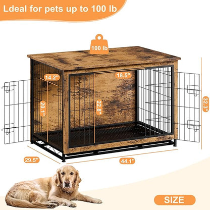 Vongrasig Dog Crate Furniture, Side End Table, Modern Wooden Kennel for Dogs Indoor, Heavy-Duty Dog Cage with Multi-Purpose Removable Tray, Double-Door Dog House, Rustic Brown