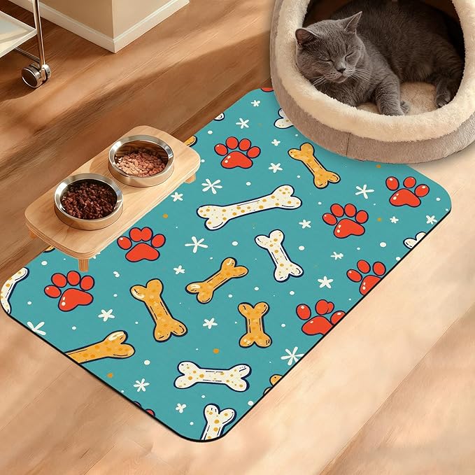 Dog Paws Cat Food Mat,Bones Absorbent Pet Feeding Mat for Food and Water Bowl,Quick Dry Dog Placemat Non Slip Rubber Backing Waterproof Pet Supplies 16" x 24"