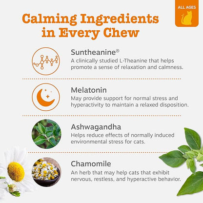 Zesty Paws Calming Chews for Cats - Composure & Relaxation for Everyday Stress & Separation - with Ashwagandha, Organic Chamomile, L-Theanine & L-Tryptophan – Bacon - 60 Count - Cat