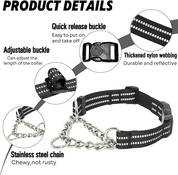Martingale Dog Collars, Reflective Nylon Collar with Stainless Steel Chain, Adjustable Walking Training Dog Collars with Quick Release Buckle, Suitable for Small Medium Large Dogs(Black,M)