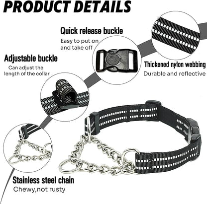 Martingale Dog Collars, Reflective Nylon Collar with Stainless Steel Chain, Adjustable Walking Training Dog Collars with Quick Release Buckle, Suitable for Small Medium Large Dogs(Black,S)