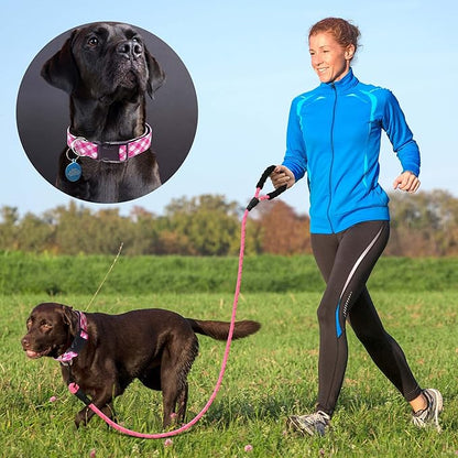 Ladoogo Reflective Dog Collar Padded with Soft Neoprene Breathable Adjustable Nylon Dog Collars for Small Medium Large Dogs (Large (Pack of 1), Pink Plaid Collar+Leash)