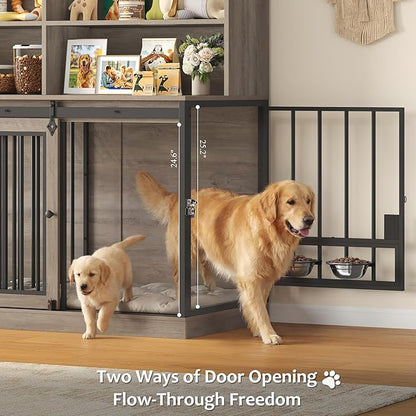 HOSTACK 71" Tall Dog Crate Furniture, 55" W Dog Kennel with Storage Hutch, XL Dog Crate for Dogs with Feeding Bowls, Indoor Heavy Duty Dog Cage with Removable Room Divider, Wooden Pet House, Ash Grey