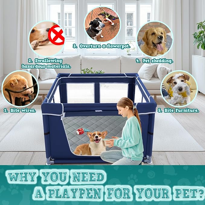 XVISHX 42x42 Inches Puppy Playpen with Dog Pads, Dog Playpen for Puppies or Small Dogs, Pet Playpen for Indoor & Outdoor, Sturdy Safety DogPen with Thickened Fabric, High-Strength Nylon Wire Mesh