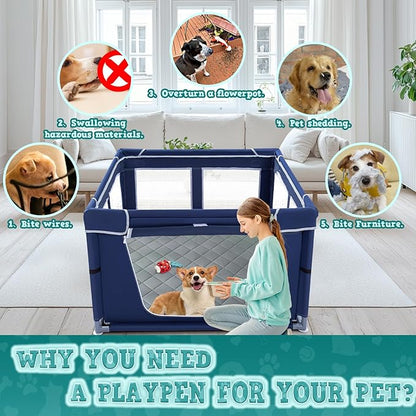 XVISHX 42x42 Inches Puppy Playpen with Dog Pads, Dog Playpen for Puppies or Small Dogs, Pet Playpen for Indoor & Outdoor, Sturdy Safety DogPen with Thickened Fabric, High-Strength Nylon Wire Mesh