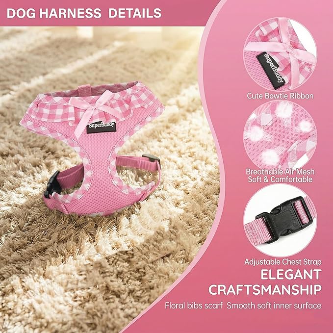 SuperBuddy Upgraded Soft Mesh Dog Harness, Super Breathable Lightweight Pet Harnesses for Puppy Outdoor Walking, Pink -XSmall