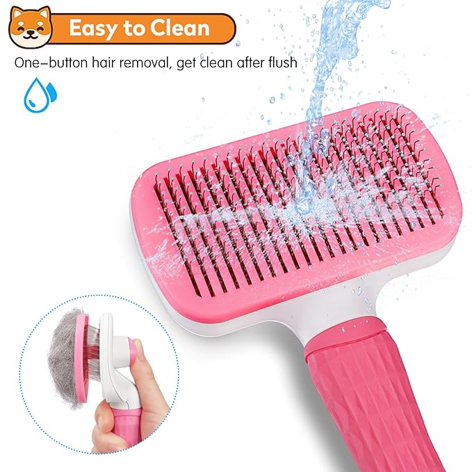 Dog & Cat Brush Kit 2PCS, Self Cleaning Slicker Brush for Pets, Upgraded Dog Brush for Shedding Massaging and Grooming, Removes Loose Undercoat & Portable Comb for Long Short Haired Dogs(Pink)