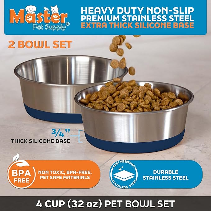 Master Pet Supply Stainless Steel Dog Bowls Set of 2 with Extra Thick Silicone Base - 4 Cup (32 oz) Navy Blue, Non-Slip, Dishwasher Safe Metal Bowls, Pet Dog Food Bowl for Dogs, Cats, Anti Rust