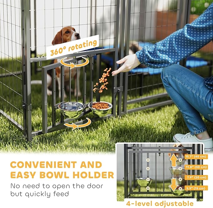 PawHut Outdoor Dog Kennel with Roof, 6' x 6' x 6' Heavy Duty Welded Wire Dog Playpen Enclosure with Escape-Proof Lock, Adjustable Bowls, UV-Resistant & Waterproof Cover, for S&M&L Breeds, Silver