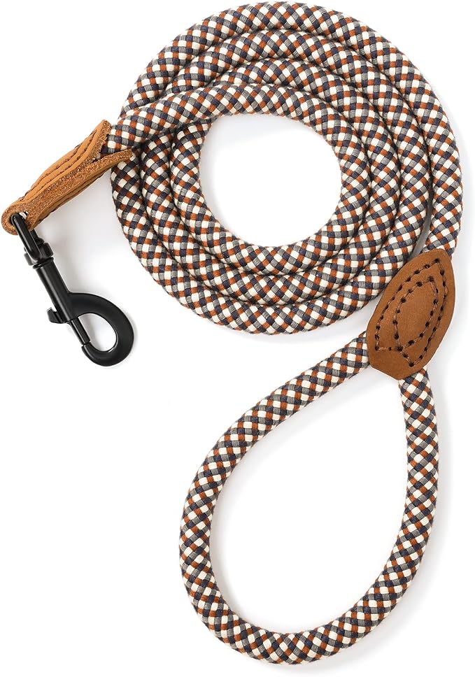 Mile High Life Rope Leash with Genuine Leather Connection, 6 FT/5 FT/4 FT, Heavy Duty Leash for Medium & Large Dogs (Brown, 60 Inch)