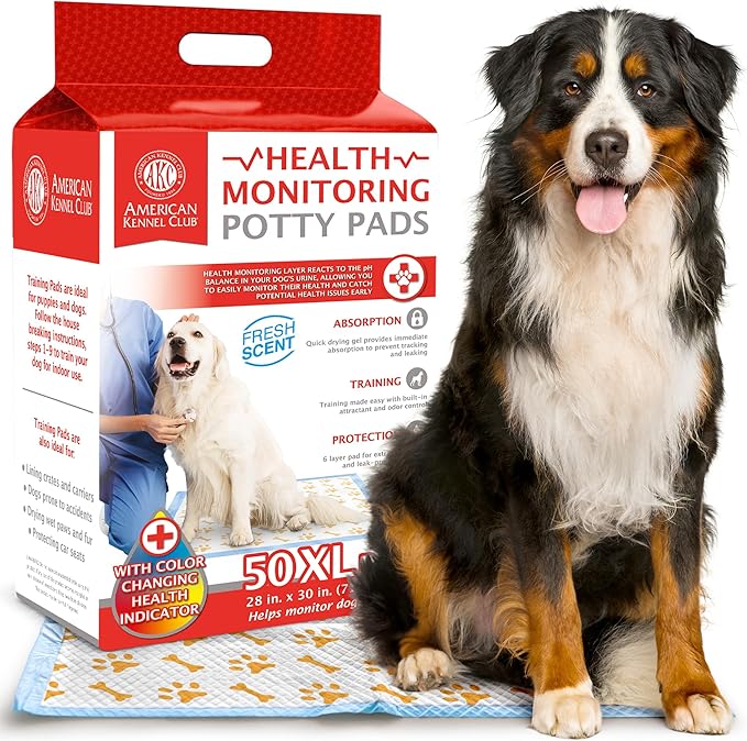 American Kennel Club Advanced Puppy Pads with Color-Changing Health+ Indicator and Ultra Absorbent Quick Dry Gel – 28''x30'' Leakproof Training Pads for Dogs – Fresh Scented – 50 Count, X-Large