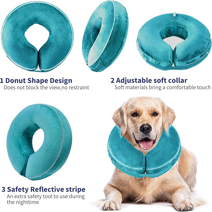 Inflatable Reflective Dog Cone Collar Alternative After Surgery,Doggie Recovery Dount Neck Ecollar,Adjustable Soft Dog Cone Collar for Small Medium Large Dogs (Light Blue, M)